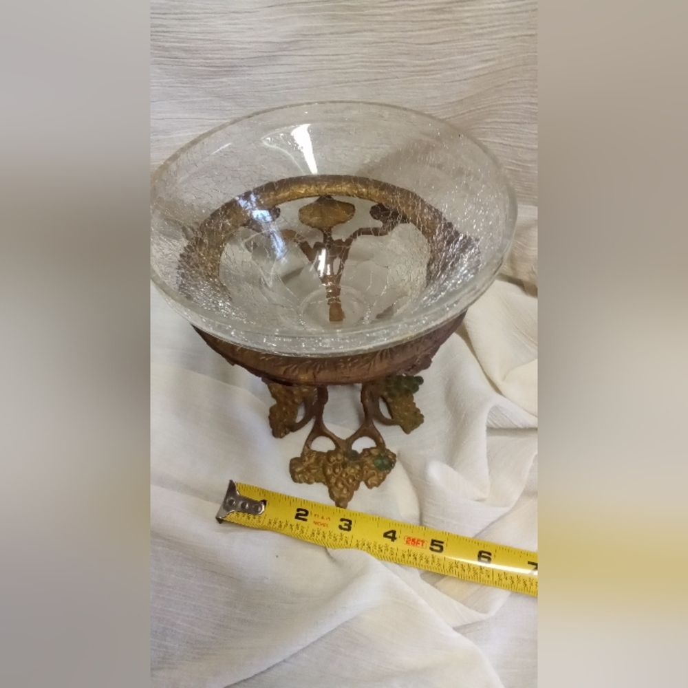 Crackeled Glass Bowl with Ornate Metal Stand - Picture 6 of 6
